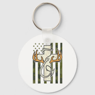 Cross Antlers Fishing Hook Camo Flag Christian Hun Key Ring