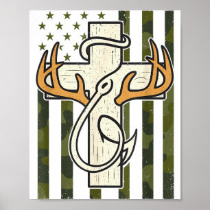 Cross Antlers Fishing Hook Camo Flag Christian Hun Poster