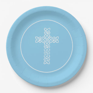 Cross Baby Blue Communion Baptism Christening Paper Plate
