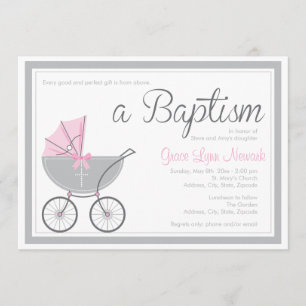 Cross Baby Carriage   Pink Girl Baptism Invitation