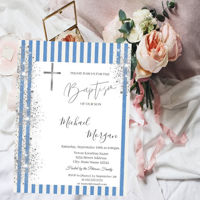 Cross Baptism Silver Glitter Confetti Blue Striped Invitation (Creator Uploaded)