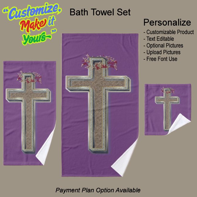Cross Bathroom Towel Set Purple Background (Cross Bathroom Towel Set Featuring a Purple Background.)