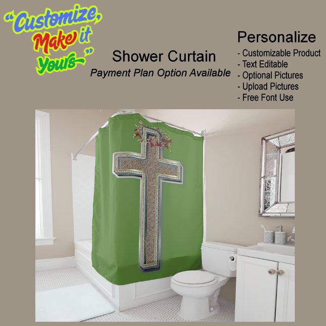 Cross Biblical Shower Curtain Green Background (Cross Biblical Shower Curtain Featuring a Green Background.)
