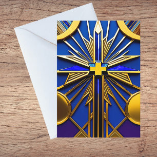 Cross Blue Gold Stained Glass Illustration Thank You Card
