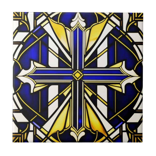 Cross Blue Stained Glass Illustration Ceramic Tile (Front)