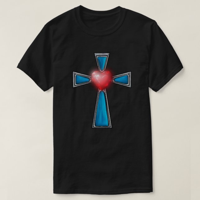 Cross Blue Stones Ruby Red Heart T-Shirt (Design Front)