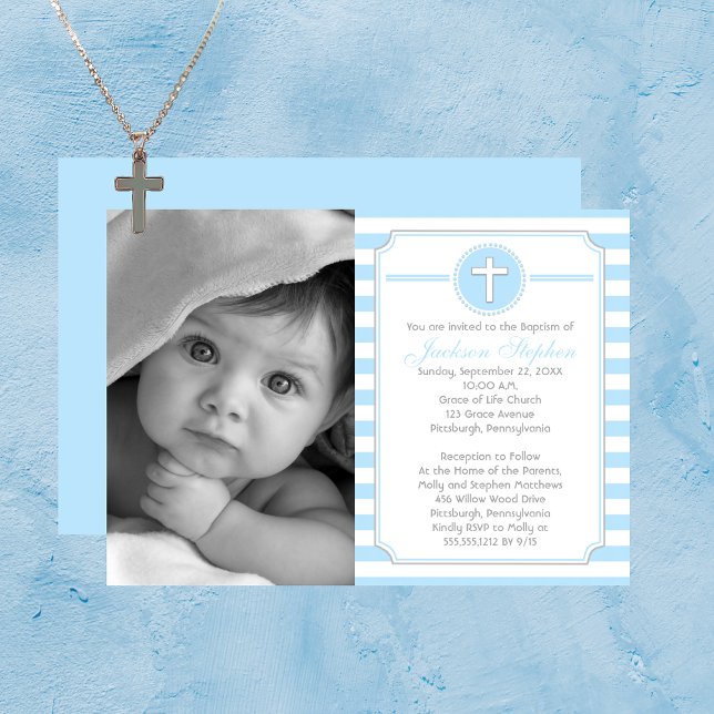 Cross Blue Stripes Boy Photo Baptism Invitation (Cross Blue Stripes Boy Photo Baptism Invitation)