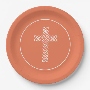 Cross Bright Peach Communion Baptism Christening Paper Plate