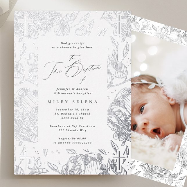  Cross Calligraphy Floral Silver Baptism Photo (Creator Uploaded)