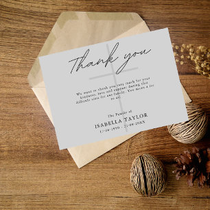 Cross Catholic  Funeral Memorial Grey Thank You Card