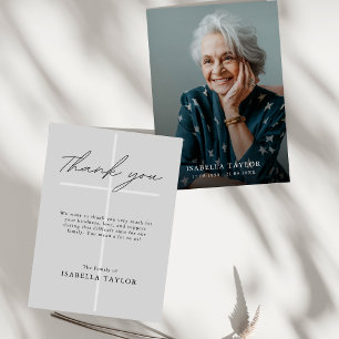 Cross Catholic Memorial Photo Grey Thank You Card