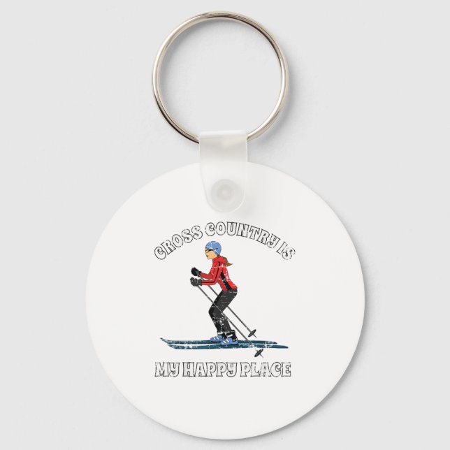 Cross Country Is My Happy Place Ski Lovers T Shirt Key Ring (Front)