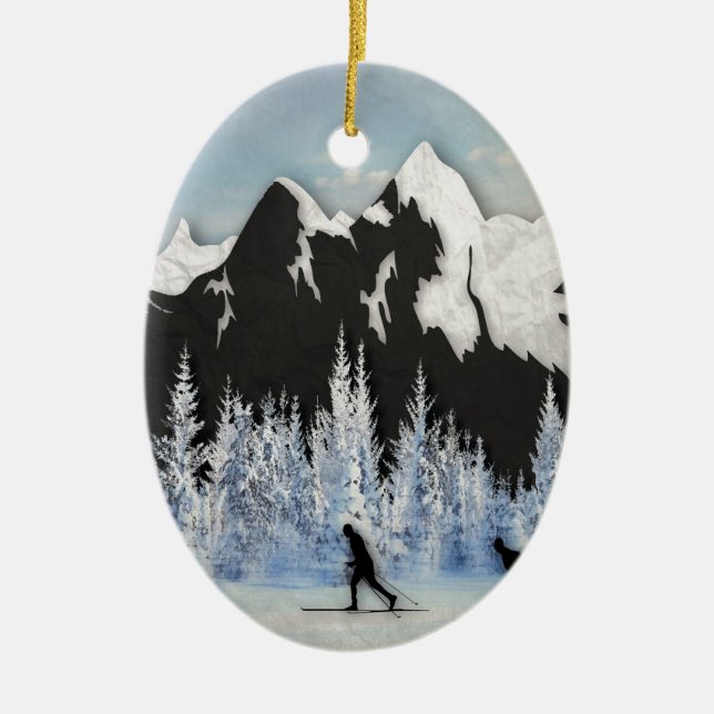 Cross Country Skiing Ceramic Tree Decoration (Front)