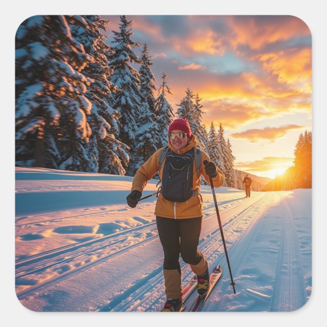 Cross Country Skiing Square Sticker (Front)