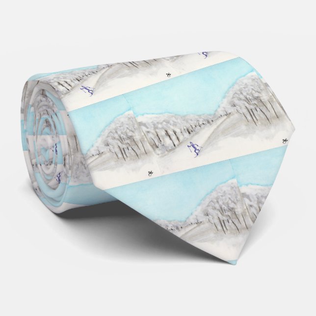 Cross Country Skiing Watercolor Tie (Rolled)