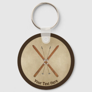 Cross-Country Skis On Old Paper Key Ring
