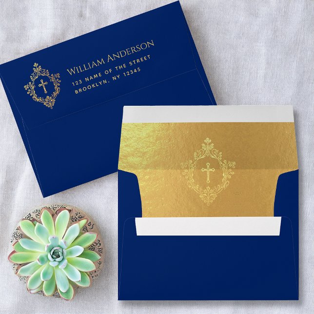 Cross Crest Royal Blue Faux Gold Elegant Religious Envelope (Creator Uploaded)