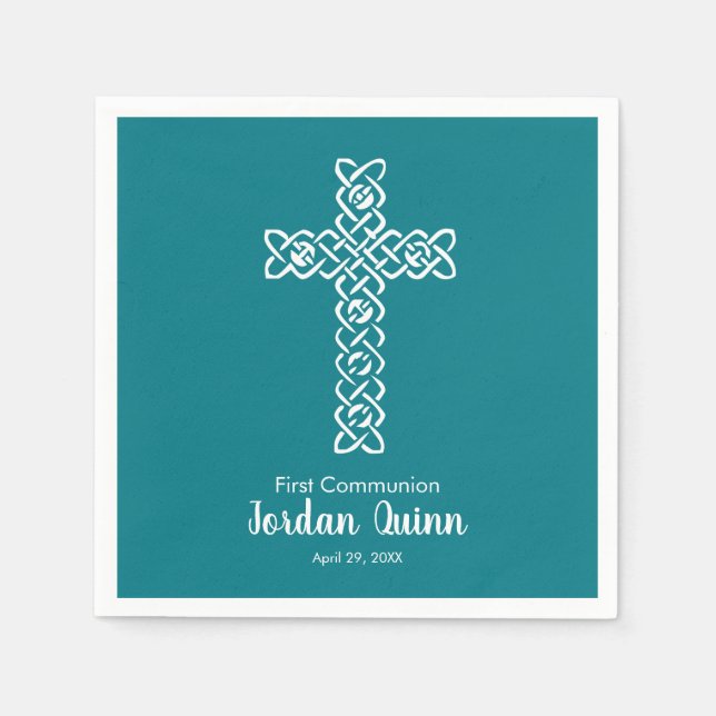 Cross | Dark Teal Communion Baptism Christening Napkin (Front)
