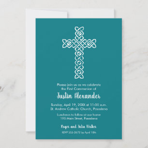 Cross Dark Teal First Baptism Christening Invite