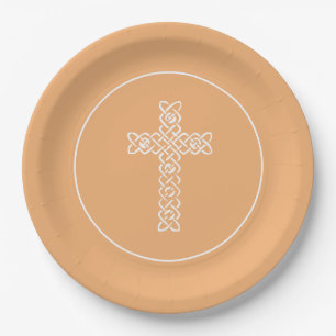 Cross Deep Peach Communion Baptism Christening Paper Plate