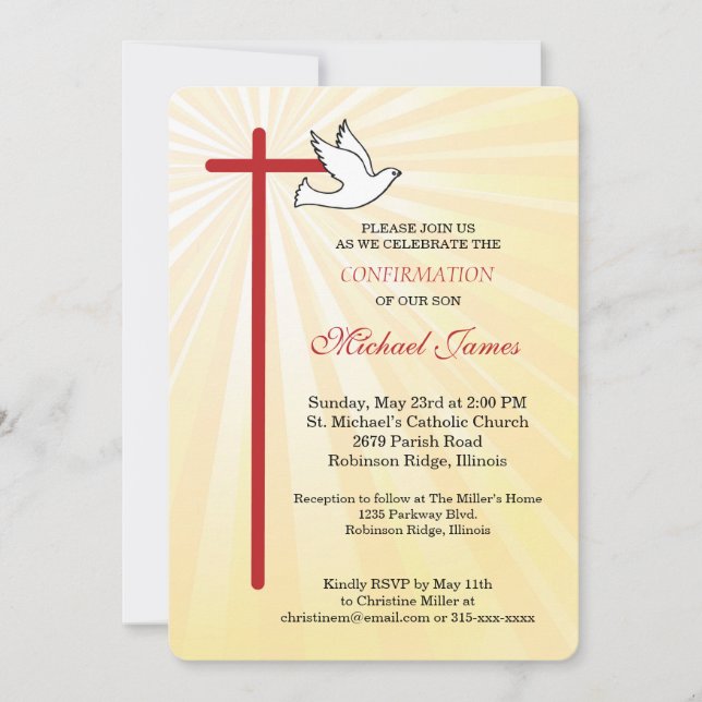 Cross Dove Rounded Gold Rays Son Confirmation Invitation (Front)