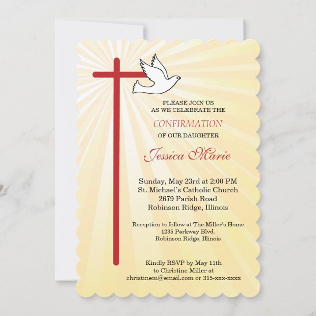 Cross Dove Scallop Gold Rays Daughter Confirmation Invitation (Front)