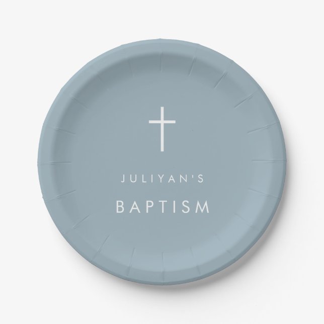 Cross dusty blue baby boy Baptism  Paper Plate (Front)