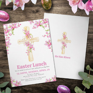 Cross Easter Lunch pink orchid floral Invitation