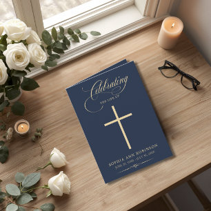 Cross Elegant Blue Gold Script Funeral Program