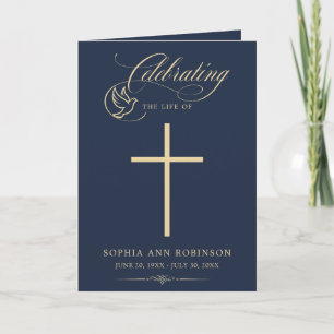 Cross Elegant Gold Script Blue Funeral Program