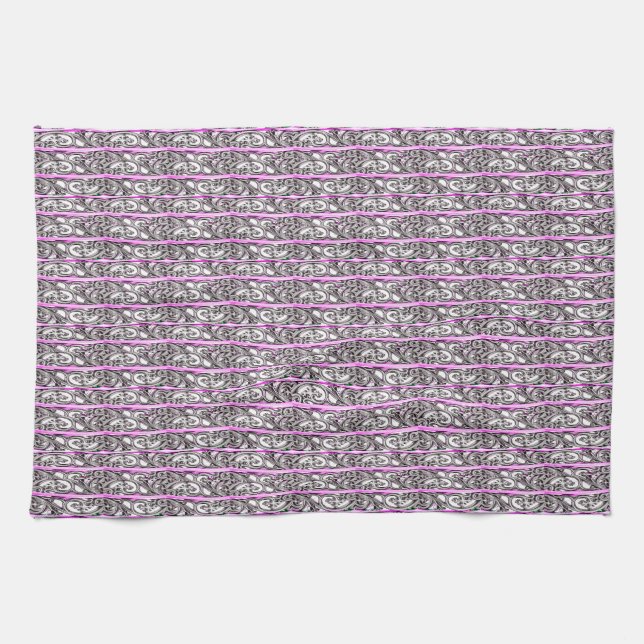 Cross Filigree Design Purple Silver Pattern Tea Towel (Horizontal)