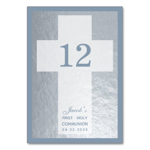 Cross First Communion Faux Silver Dusty Blue Boy  Table Number