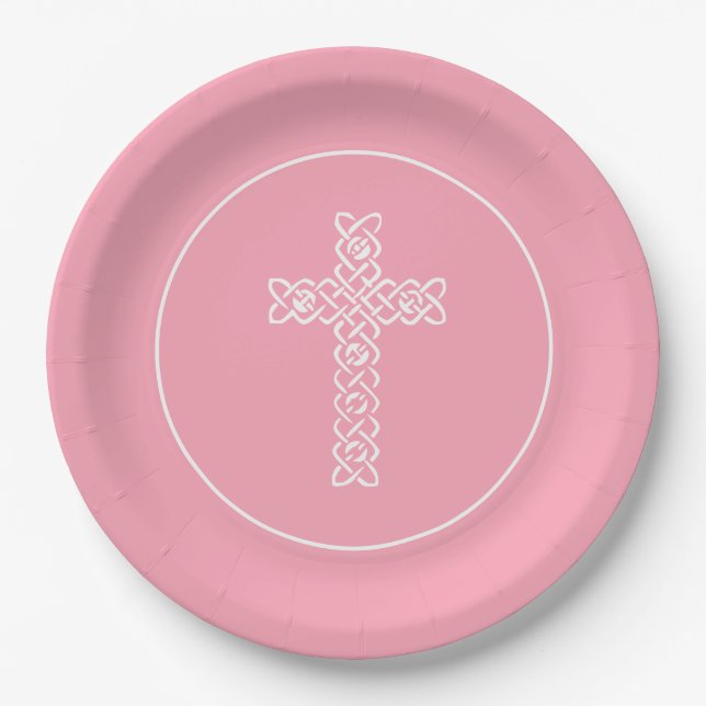 Cross Flamingo Pink Communion Baptism Christening Paper Plate (Front)