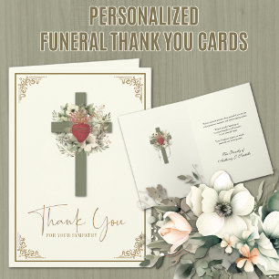 Cross Floral Catholic Funeral Condolence Thank You Card