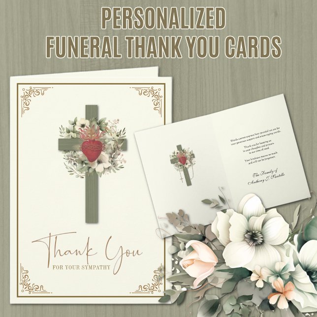 Cross Floral Catholic Funeral Condolence Thank You Card (Traditional Catholic Funeral Sympathy Thank You Card with Sacred Heart of Jesus)