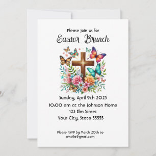 Cross Flowers Butterflies Easter Brunch Invitation