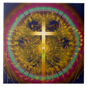 Cross fractal art round composition ceramic tile