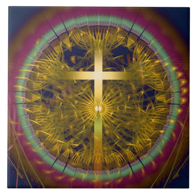 Cross fractal art round composition ceramic tile (Front)