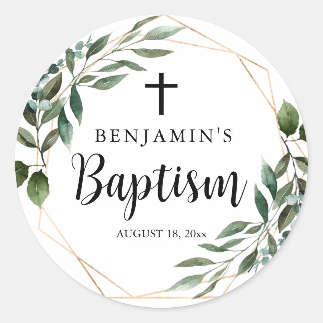 Cross Greenery Gold Baptism Classic Round Sticker (Front)