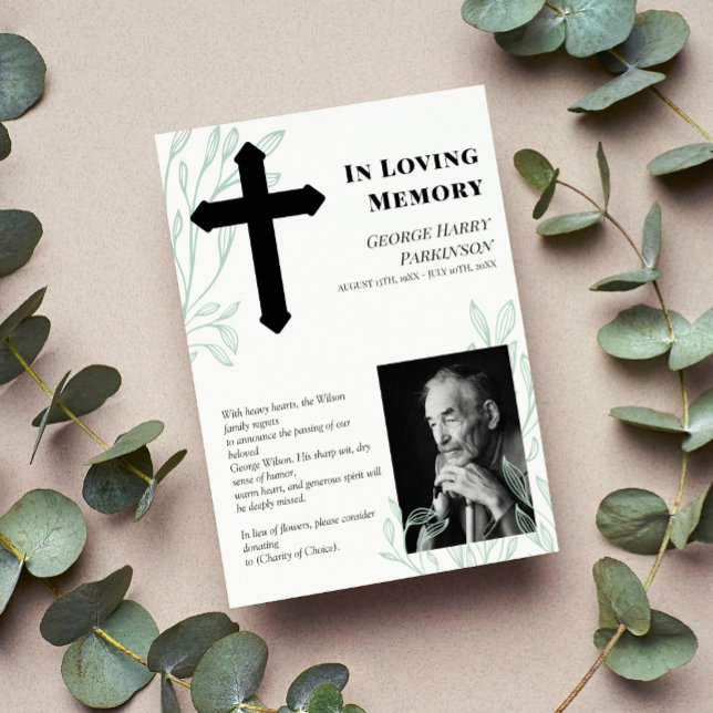 Cross & Greenery Photo In Loving Memory Announcement (Creator Uploaded)