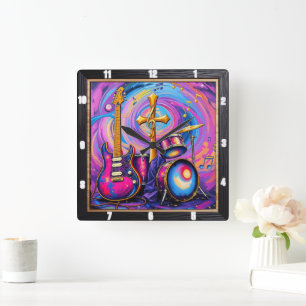 Cross Guitars Music Worship Art Square Wall Clock