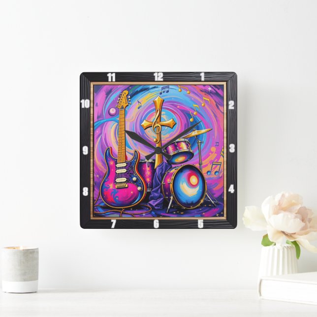 Cross Guitars Music Worship Art Square Wall Clock (Home)