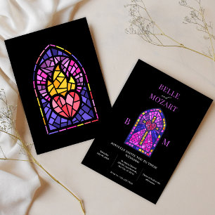 Cross heart stained glass art wedding invitation