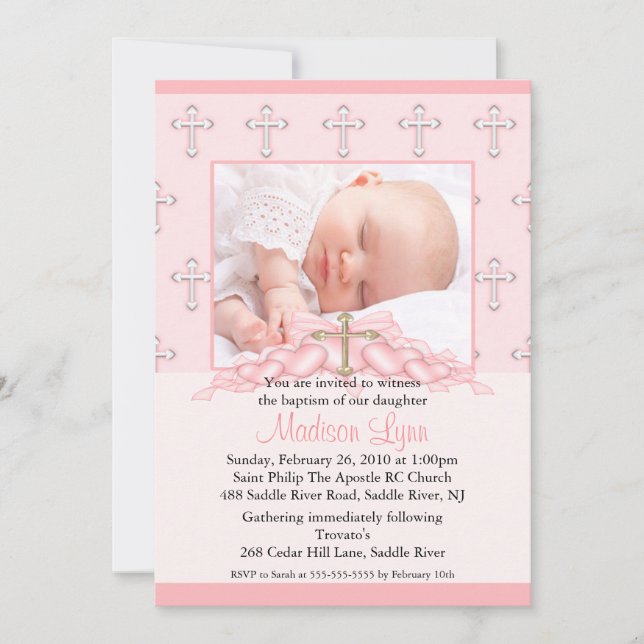 Cross & Hearts Photo Christening Inviation Invitation (Front)