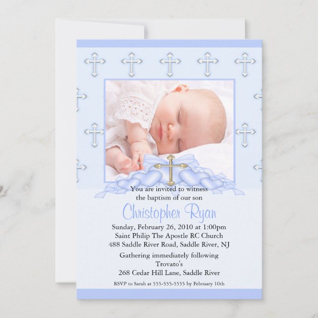 Cross & Hearts Photo Christening Inviation Invitation (Front)