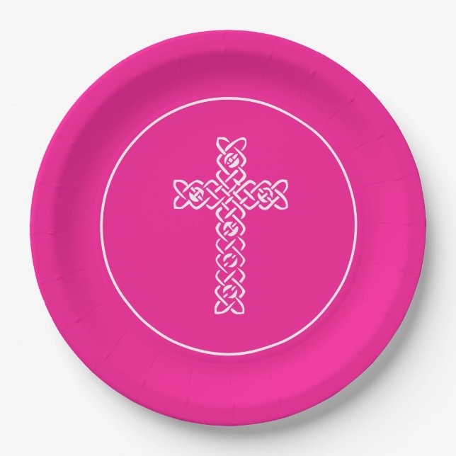 Cross Hot Pink Communion Baptism Christening Paper Plate (Front)
