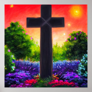 Cross in a Flower Garden at Sunset Poster