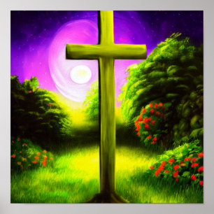 Cross in a Garden at Night Poster