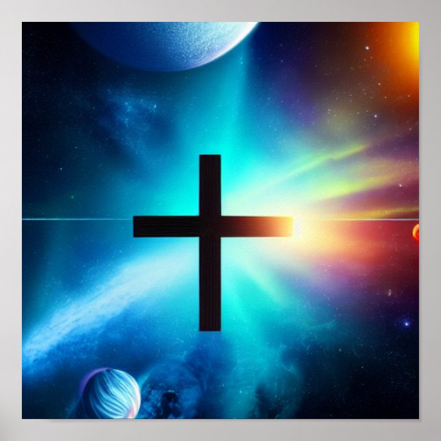 Cross in a Nebula with Planets Poster (Front)