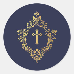 Cross in Crest Navy Blue Faux Gold Vintage Elegant Classic Round Sticker